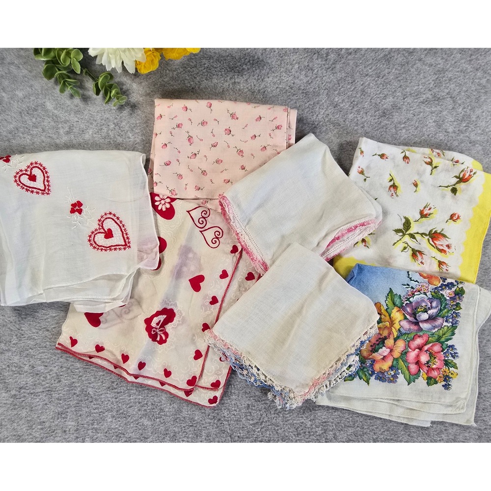 Vintage 60s Handkerchief Lot 6 Women Multicolor Floral Heart Lace Hankie Grandma